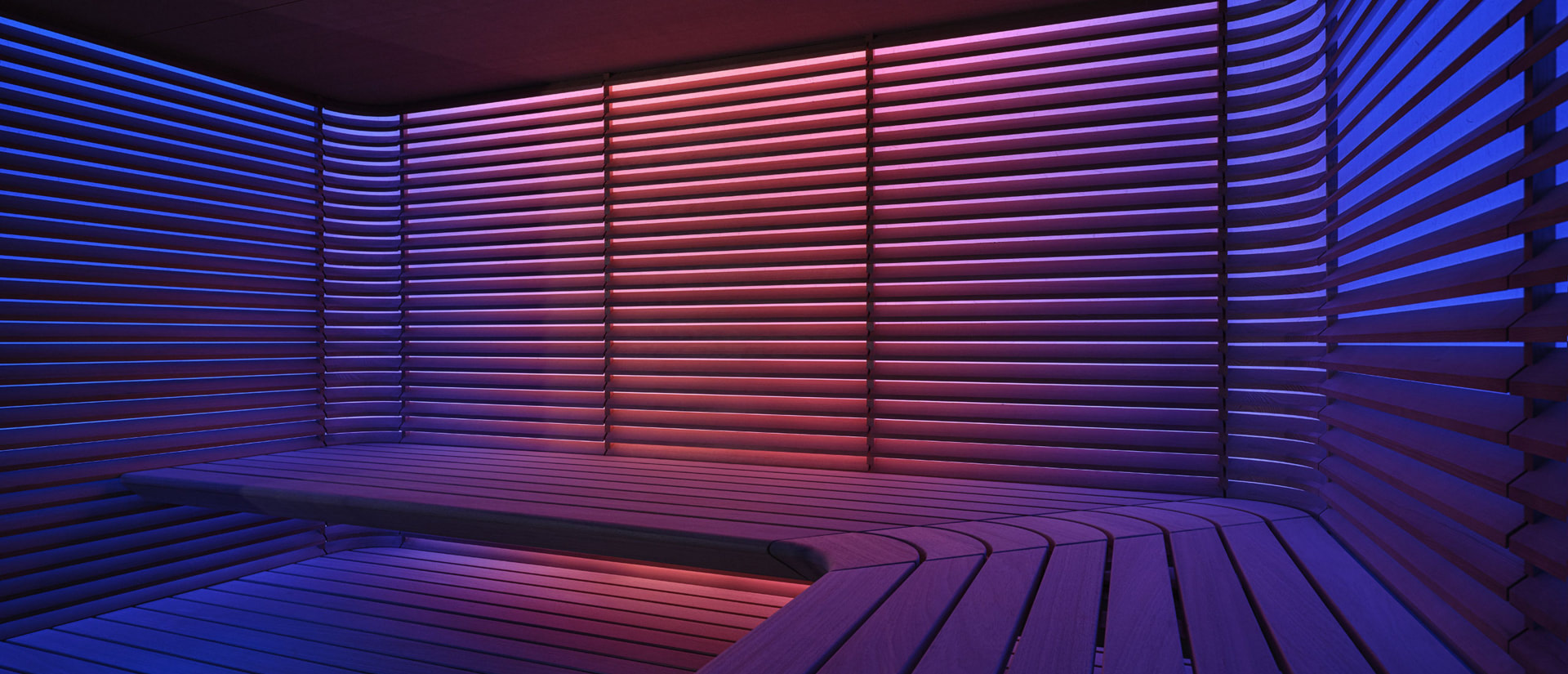 Curved wooden sauna interior with soft ambient lighting